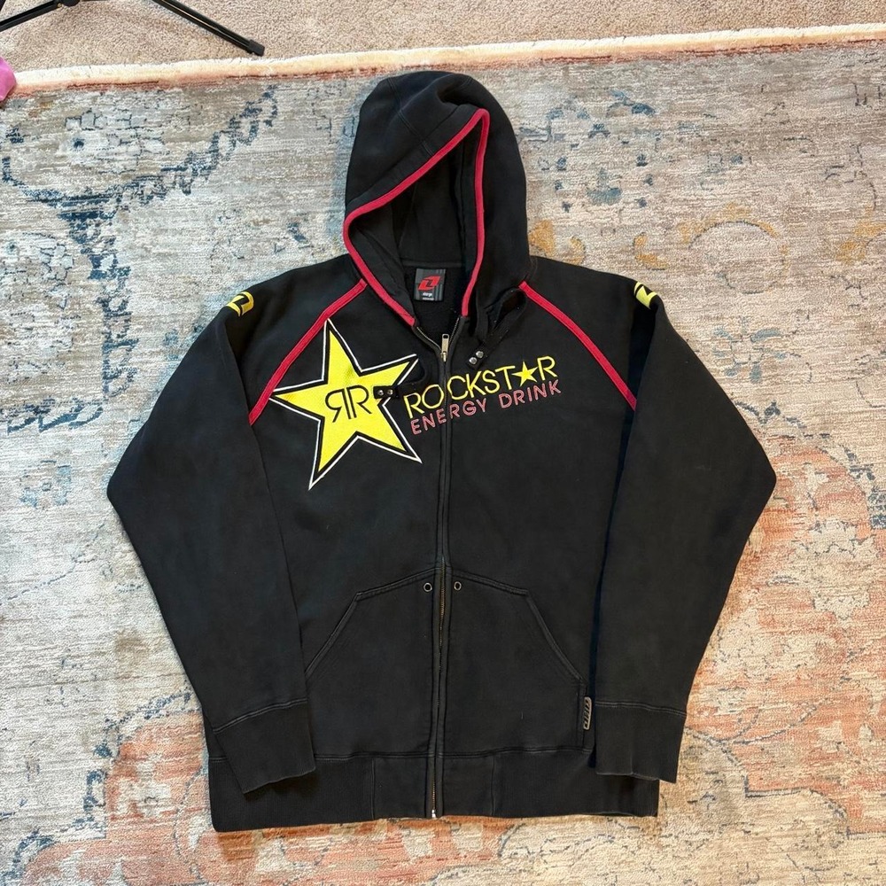 One Industries Rockstar Energy Drink Hoodie Mens XL Black Zip Up Skater Y2K Emo